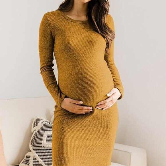 **HELLO MIZ** Women's Knit Ribbed Maternity Dress with Long Sleeve Lightweight - Picture 1 of 6